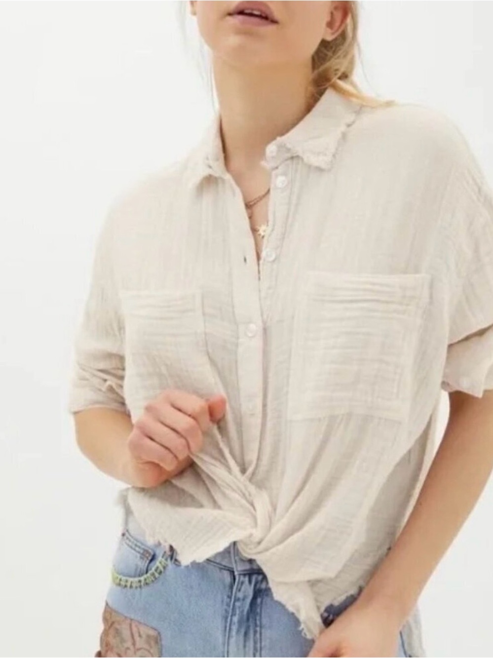 URBAN OUTFITTERS LUCA GAUZE FRAYED HEM BUTTON DOWN SHIRT